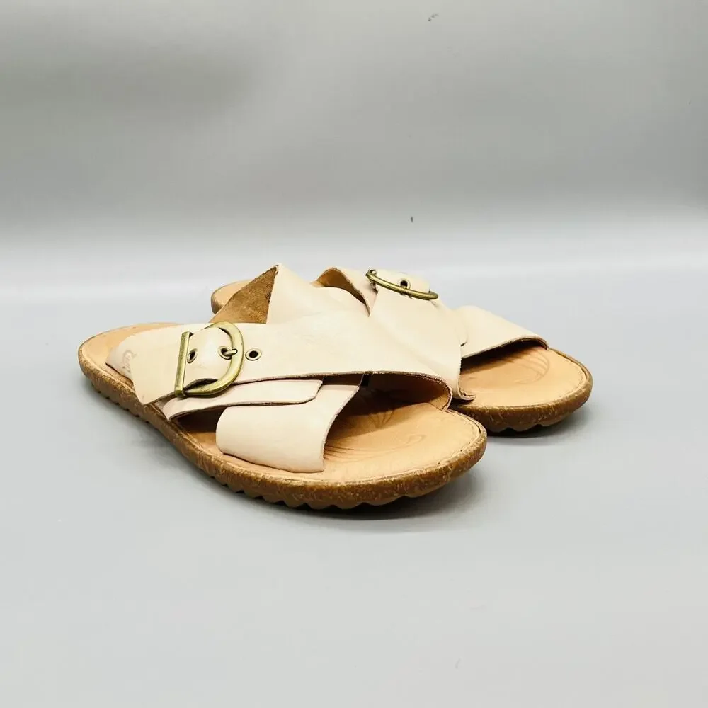 Born Sandals Womens 9 Beige Leather Crisscross Strap Slide Buckle Comfort Shoes